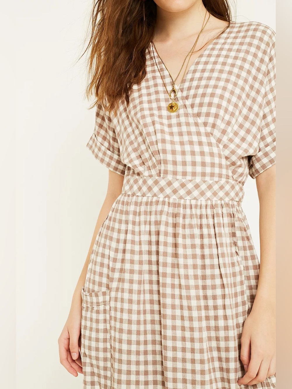 Urban Outfitters Gabrielle Linen Wrap Midi Dress Medium Tan Gingham - Picture 3 of 10